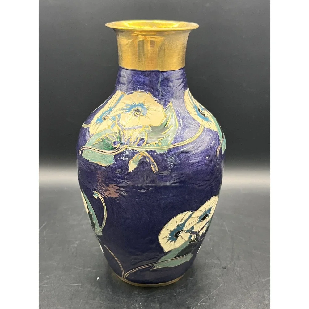 Vtg Cloisonne Enameled Indian Brass Vase‎ Cobalt Blue 8